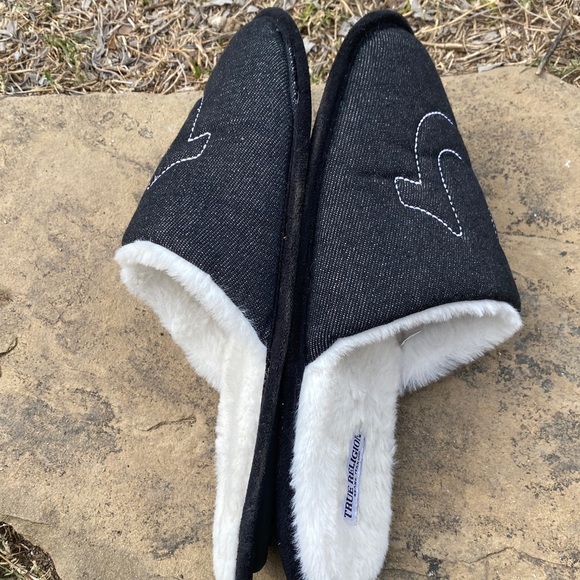 True Religion black denim slippers mens 9/10 faux fur soft comfy loungewear - Picture 6 of 8
